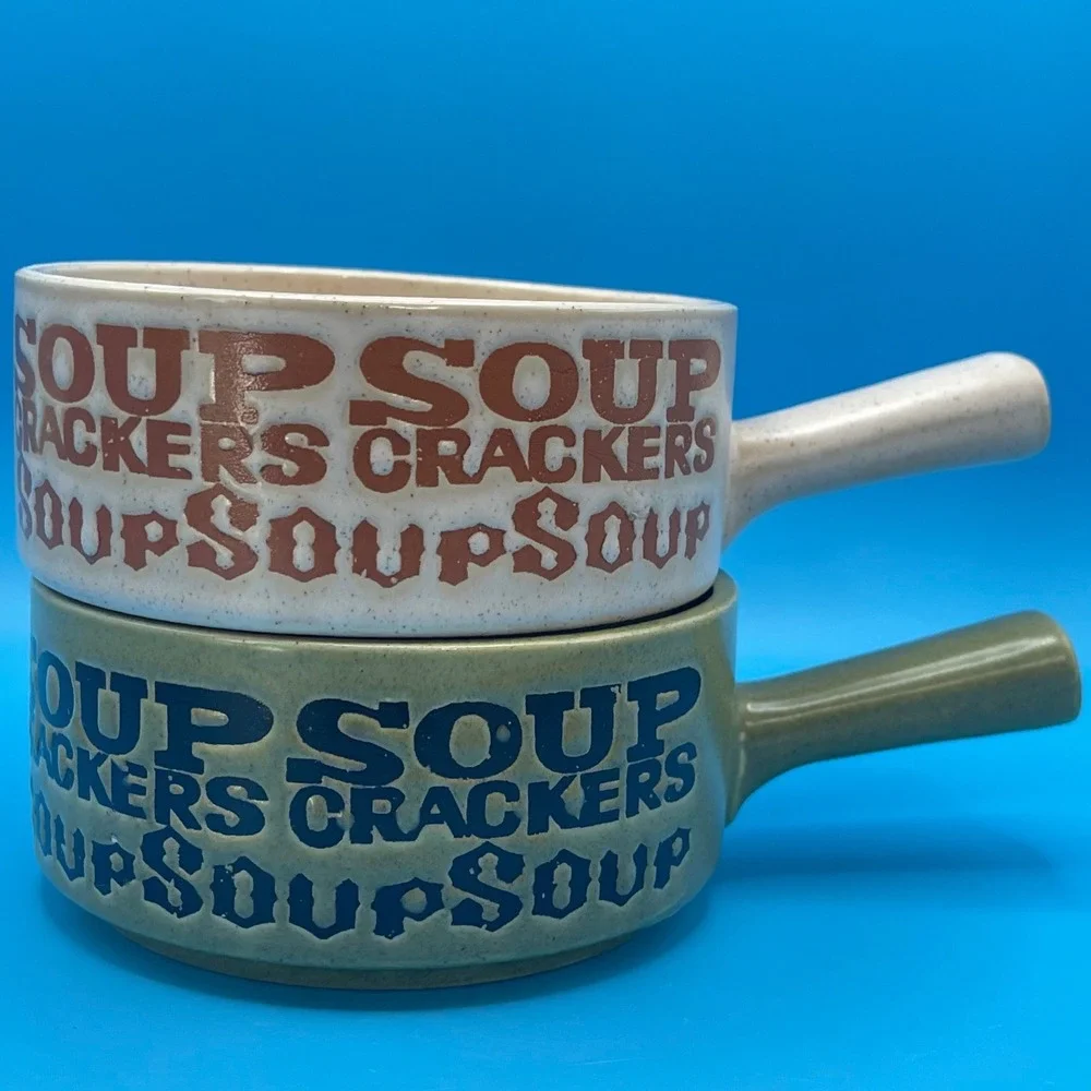 Vintage Soup Crackers Bowls Set of 2 Green Tan Handled Stoneware Retro Japan 70s